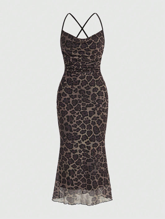 Leopard Print Draped Collar Dress