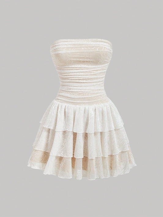 Lace Strapless Pleated Dress