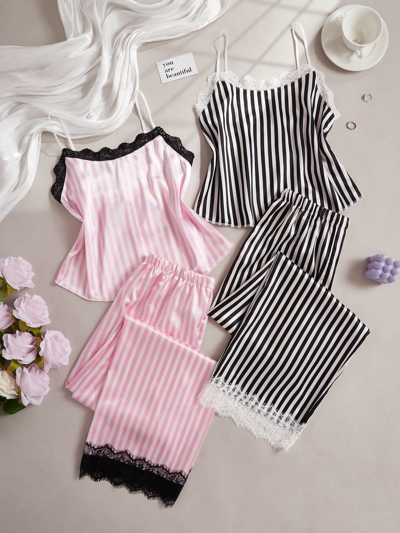 Striped Lace Cami Top And Long Pants Pajamas,