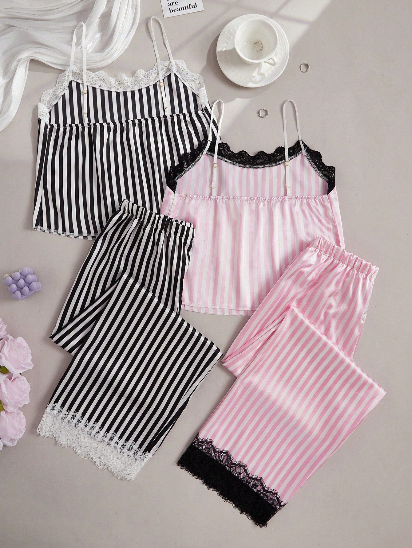 Striped Lace Cami Top And Long Pants Pajamas,