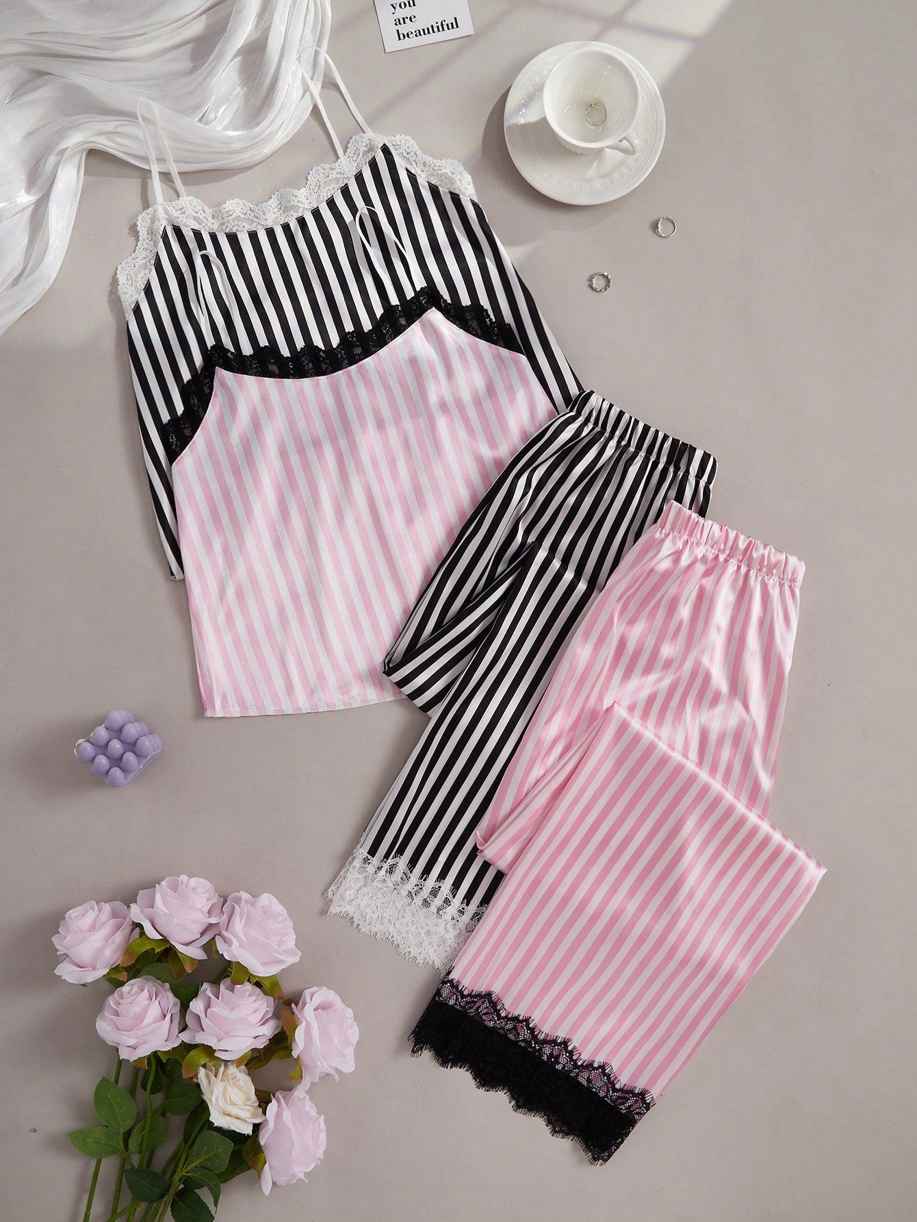 Striped Lace Cami Top And Long Pants Pajamas,