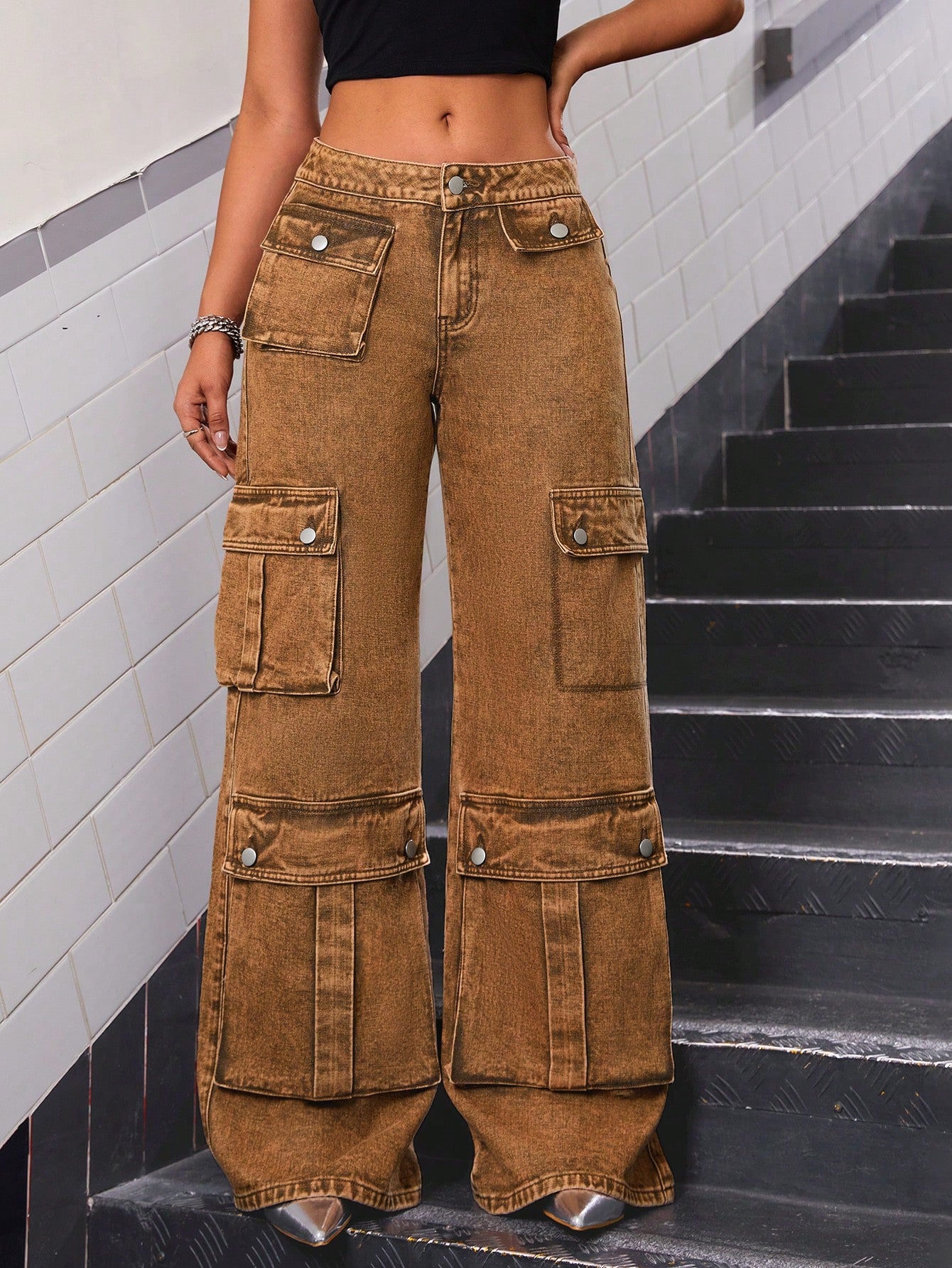 Brown Flap Pocket Wide Leg Cargo Jeans