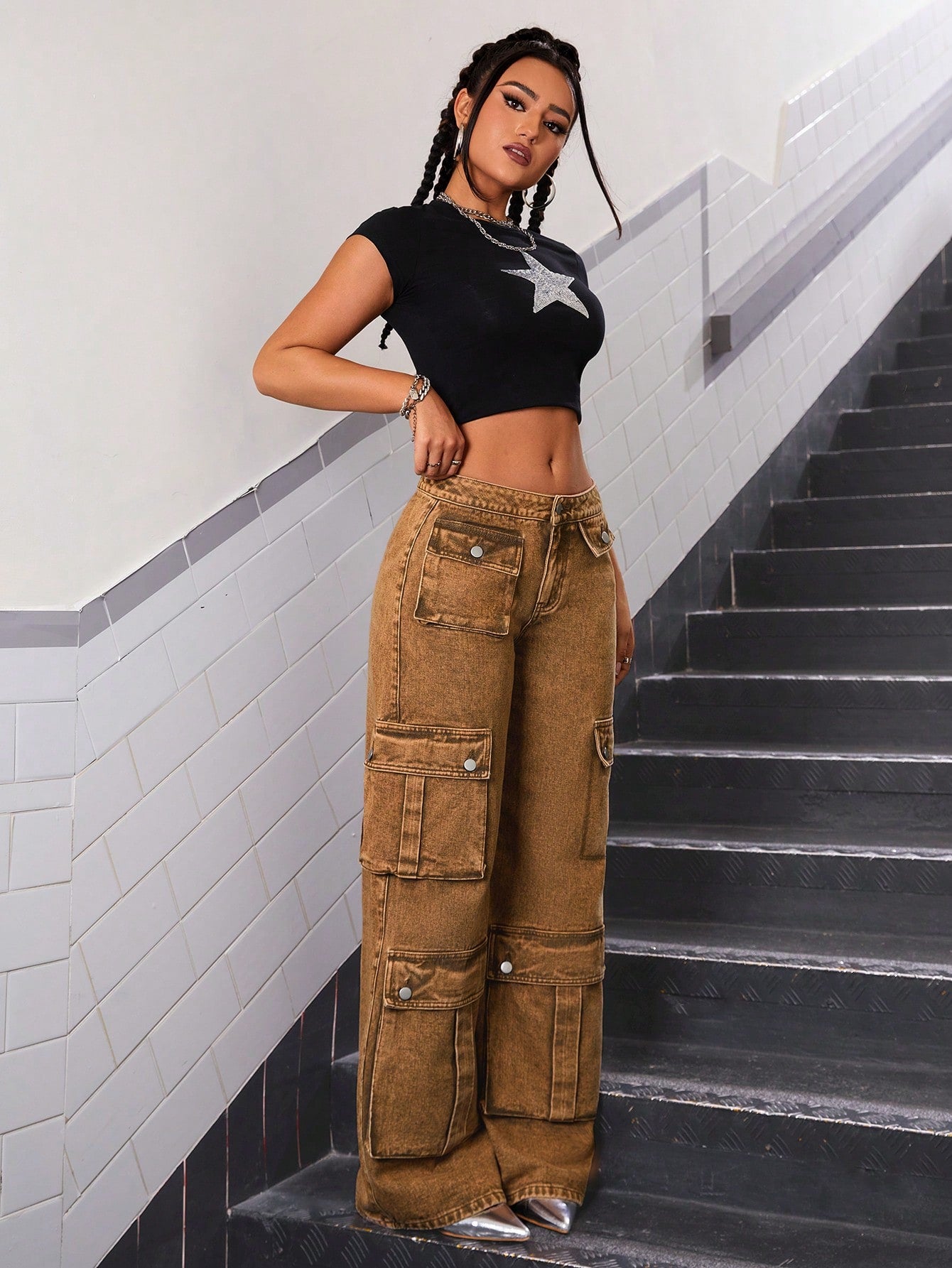 Brown Flap Pocket Wide Leg Cargo Jeans