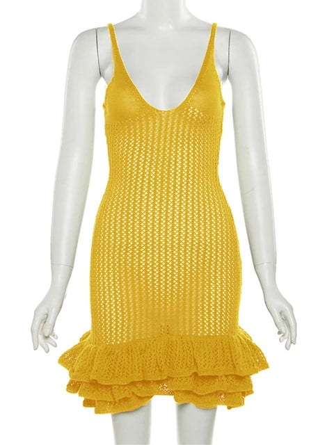 Crochet Knit Ruffle Strap Dress