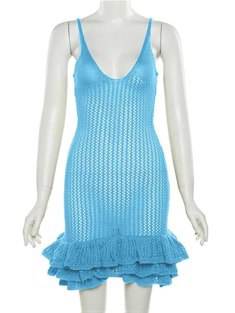 Crochet Knit Ruffle Strap Dress